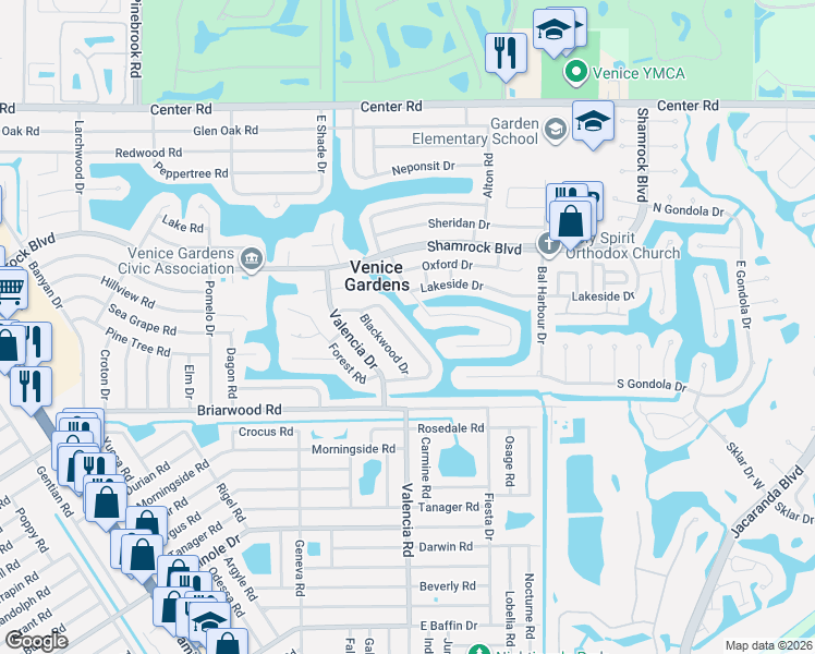 map of restaurants, bars, coffee shops, grocery stores, and more near 2161 Sandlewood Drive in Venice