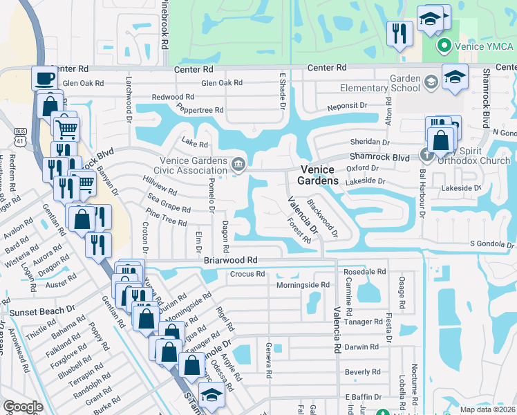 map of restaurants, bars, coffee shops, grocery stores, and more near 1707 Forest Road in Venice