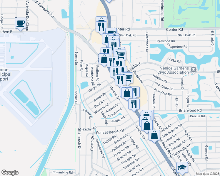 map of restaurants, bars, coffee shops, grocery stores, and more near 120 Shamrock Drive in Venice