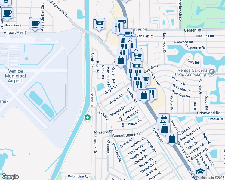 map of restaurants, bars, coffee shops, grocery stores, and more near 315 Ginger Road in Venice
