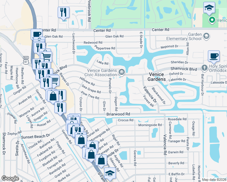 map of restaurants, bars, coffee shops, grocery stores, and more near 375 Sea Grape Road in Venice