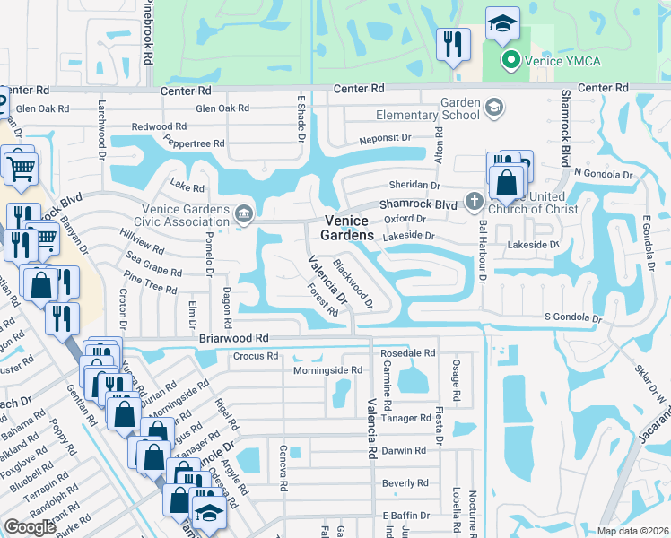 map of restaurants, bars, coffee shops, grocery stores, and more near 2190 Blackwood Drive in Venice