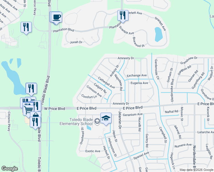 map of restaurants, bars, coffee shops, grocery stores, and more near 1195 Cathedall Avenue in North Port