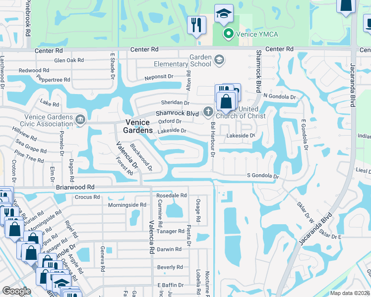 map of restaurants, bars, coffee shops, grocery stores, and more near 1310 Cambridge Drive in Venice