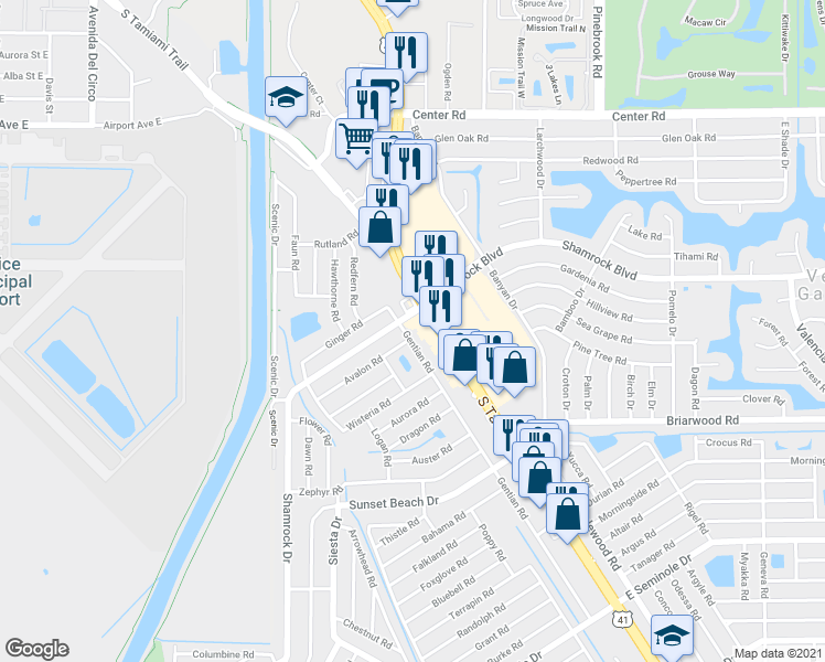 map of restaurants, bars, coffee shops, grocery stores, and more near 120 Shamrock Drive in Venice