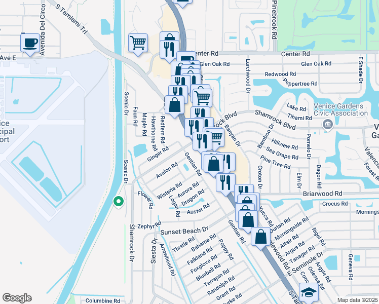 map of restaurants, bars, coffee shops, grocery stores, and more near 2175 Gentian Road in Venice