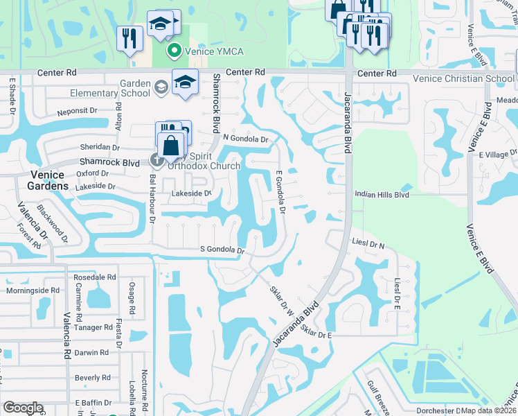 map of restaurants, bars, coffee shops, grocery stores, and more near 1725 North Gondola Court in Venice