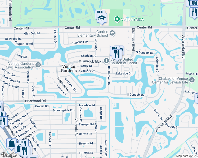 map of restaurants, bars, coffee shops, grocery stores, and more near 1440 Lakeside Drive in Venice