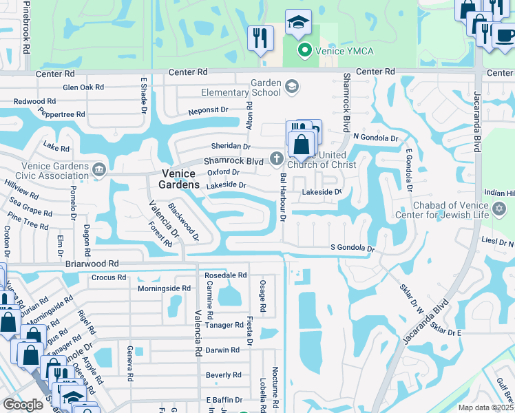 map of restaurants, bars, coffee shops, grocery stores, and more near 1440 Lakeside Drive in Venice