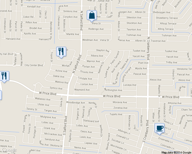 map of restaurants, bars, coffee shops, grocery stores, and more near 1305 Natrona Drive in North Port