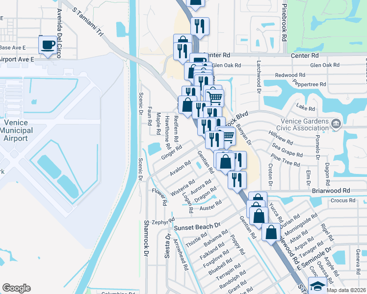 map of restaurants, bars, coffee shops, grocery stores, and more near 2130 Redfern Road in Venice
