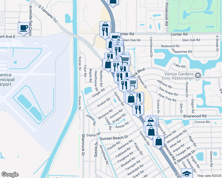 map of restaurants, bars, coffee shops, grocery stores, and more near 120 Shamrock Drive in Venice