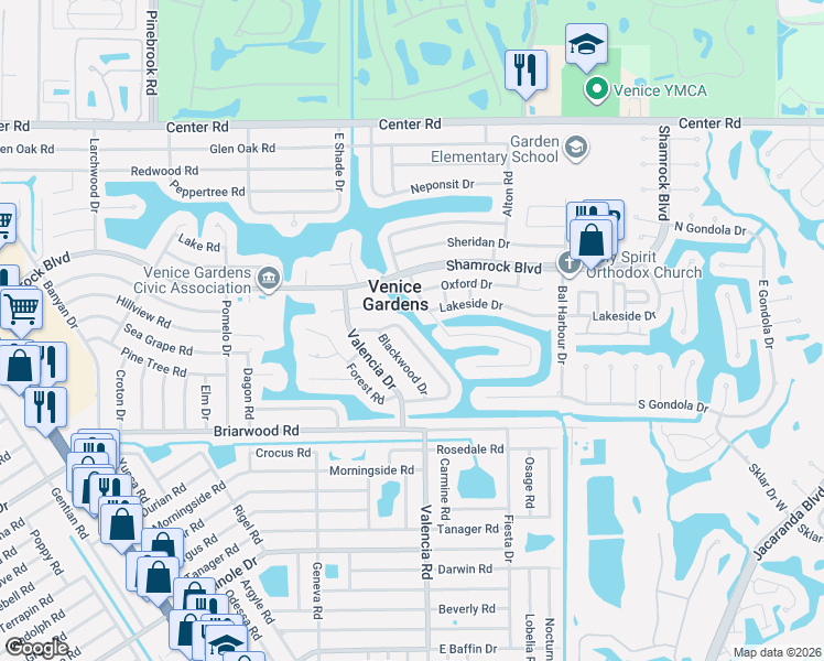 map of restaurants, bars, coffee shops, grocery stores, and more near 2161 Sandlewood Drive in Venice