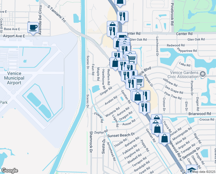 map of restaurants, bars, coffee shops, grocery stores, and more near 2130 Redfern Road in Venice
