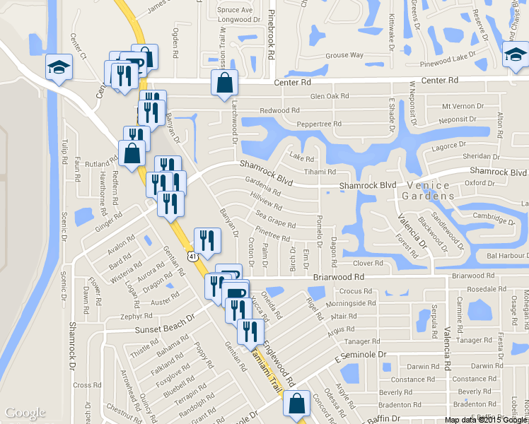 map of restaurants, bars, coffee shops, grocery stores, and more near 341 Sea Grape Road in Venice