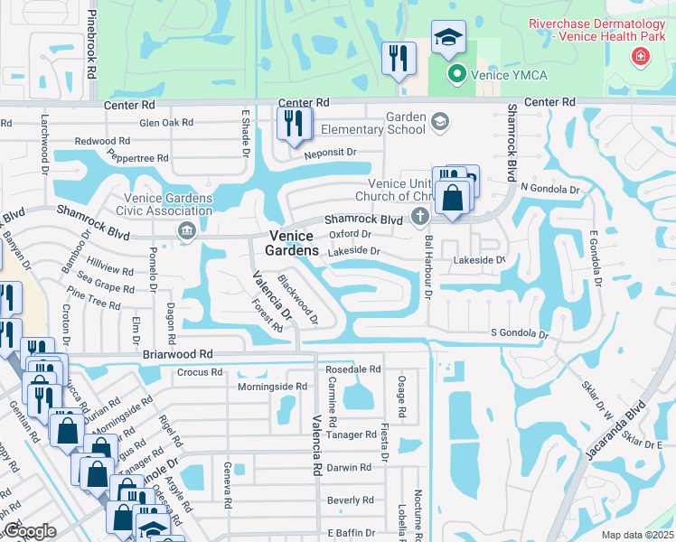 map of restaurants, bars, coffee shops, grocery stores, and more near 1201 Cambridge Drive in Venice