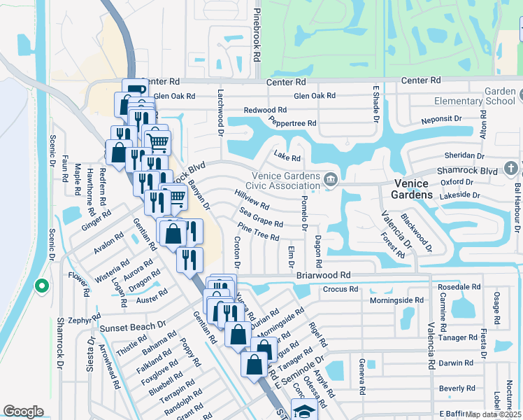 map of restaurants, bars, coffee shops, grocery stores, and more near 341 Sea Grape Road in Venice