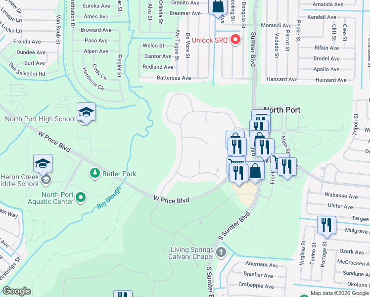 map of restaurants, bars, coffee shops, grocery stores, and more near 1386 Creek Nine Drive in North Port