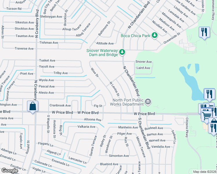 map of restaurants, bars, coffee shops, grocery stores, and more near 1467 North Lavina Street in North Port