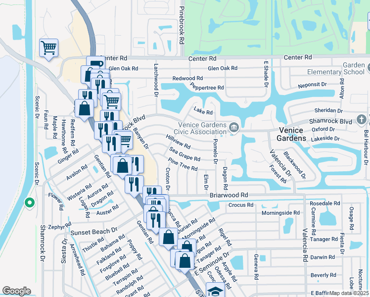 map of restaurants, bars, coffee shops, grocery stores, and more near 341 Sea Grape Road in Venice