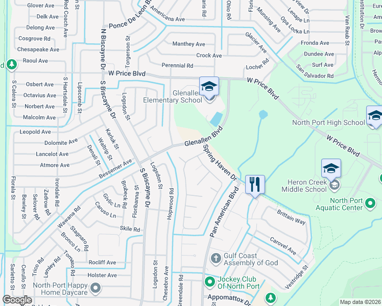 map of restaurants, bars, coffee shops, grocery stores, and more near 2119 Charleston Park Drive in North Port