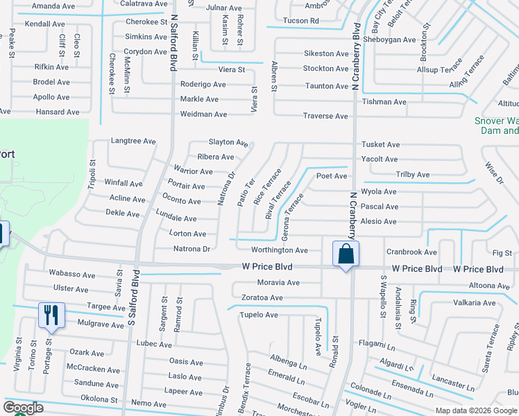map of restaurants, bars, coffee shops, grocery stores, and more near 1372 Rice Terrace in North Port