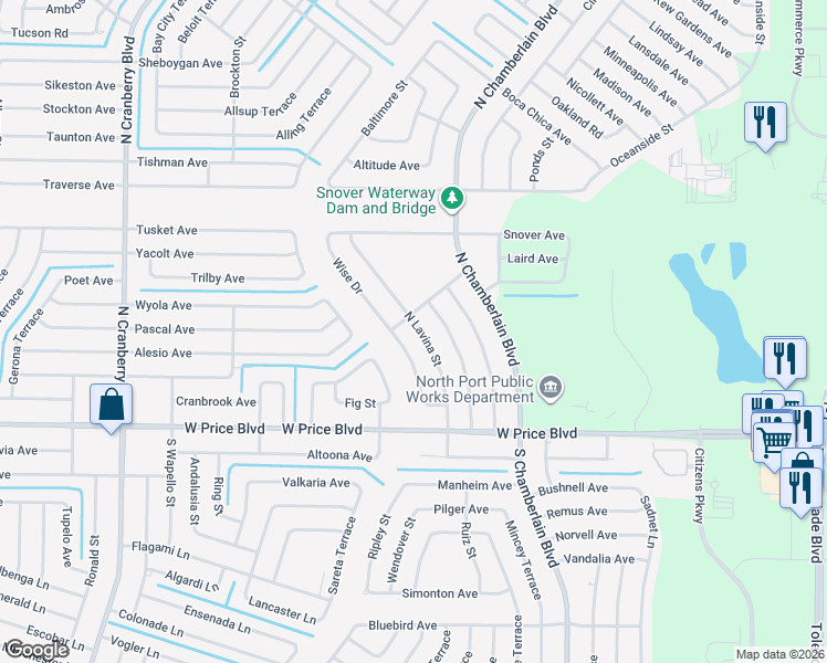 map of restaurants, bars, coffee shops, grocery stores, and more near 1467 North Lavina Street in North Port