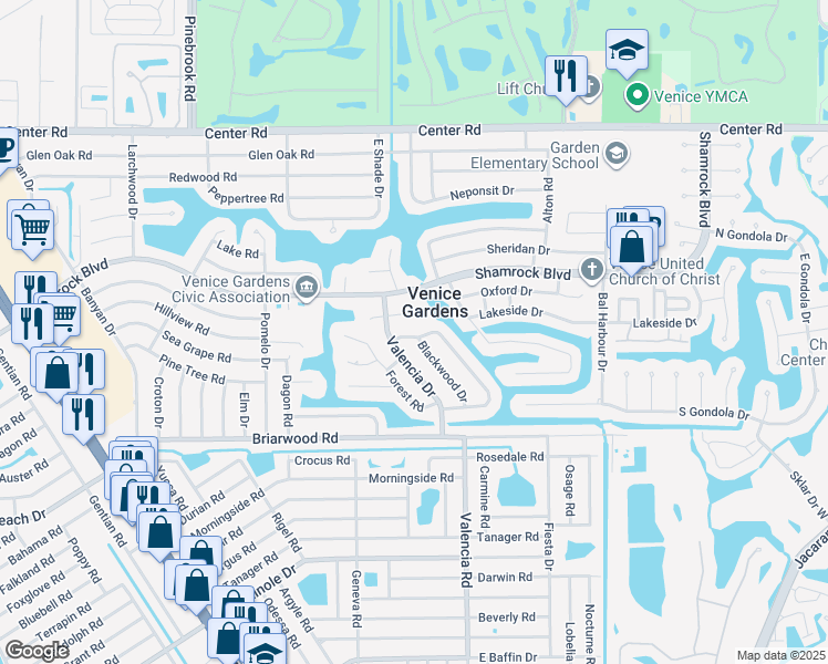 map of restaurants, bars, coffee shops, grocery stores, and more near 505 Sandlewood Drive in Venice