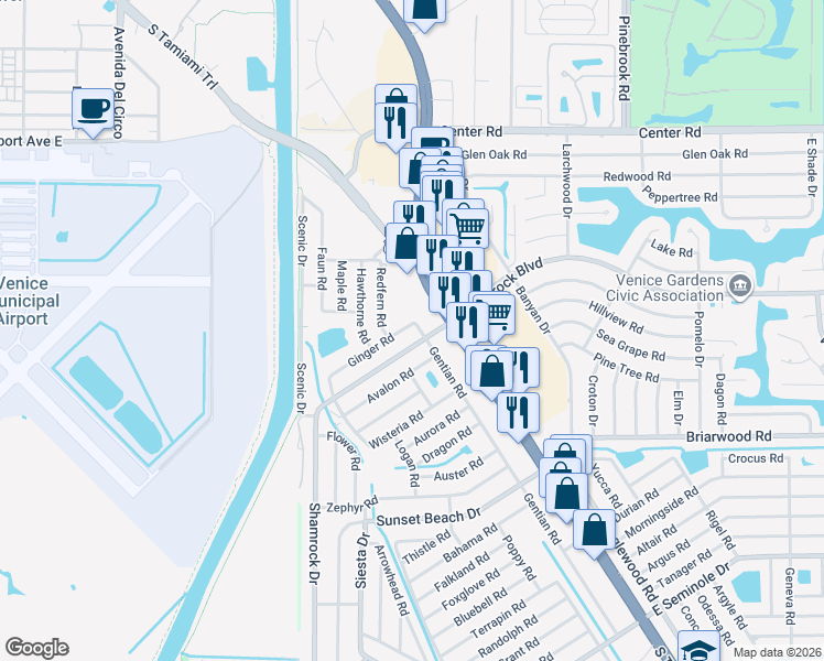 map of restaurants, bars, coffee shops, grocery stores, and more near 120 Shamrock Drive in Venice