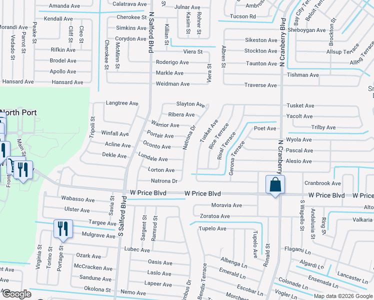map of restaurants, bars, coffee shops, grocery stores, and more near 1305 Natrona Drive in North Port