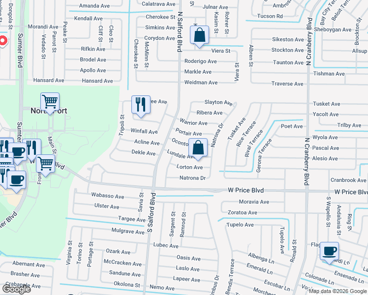 map of restaurants, bars, coffee shops, grocery stores, and more near 3926 Lundale Avenue in North Port