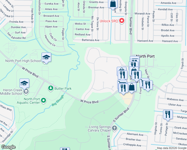 map of restaurants, bars, coffee shops, grocery stores, and more near 1386 Creek Nine Drive in North Port