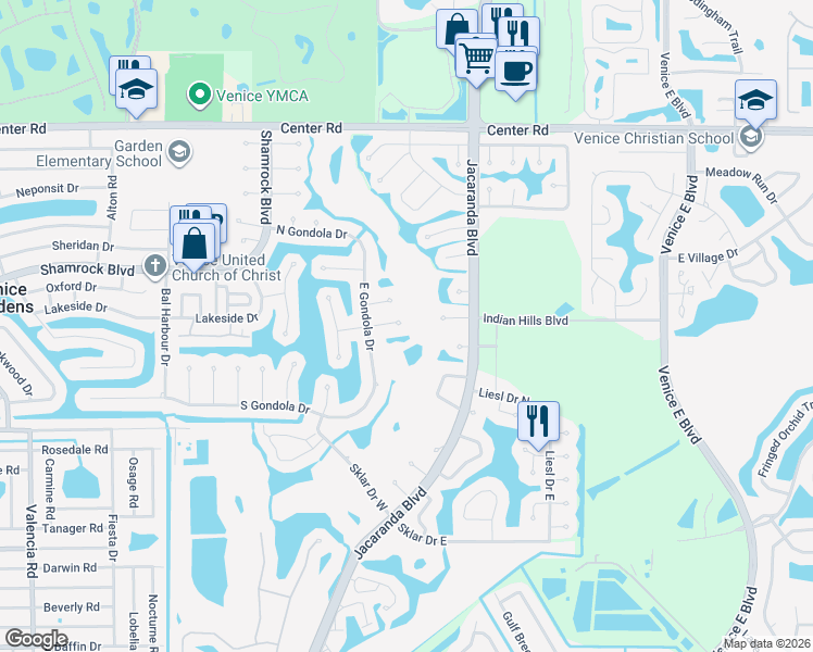 map of restaurants, bars, coffee shops, grocery stores, and more near 1019 River Oaks Court in Venice
