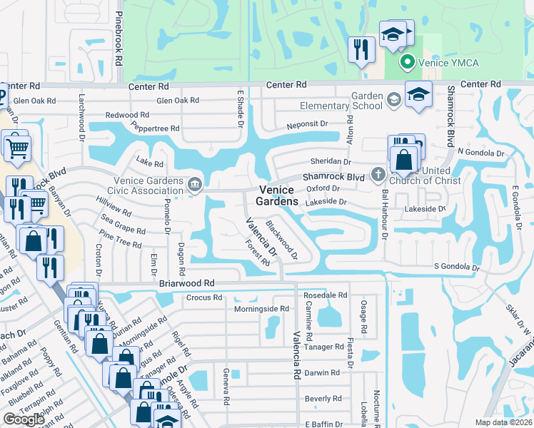 map of restaurants, bars, coffee shops, grocery stores, and more near 505 Sandlewood Drive in Venice