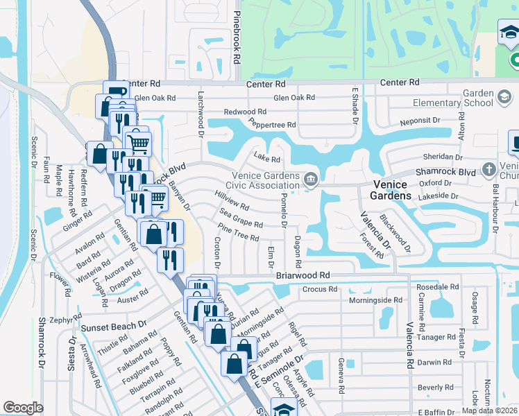 map of restaurants, bars, coffee shops, grocery stores, and more near 357 Hillview Road in Venice