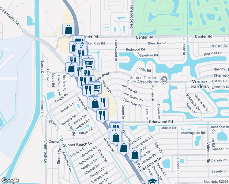 map of restaurants, bars, coffee shops, grocery stores, and more near 300 Sea Grape Road in Venice