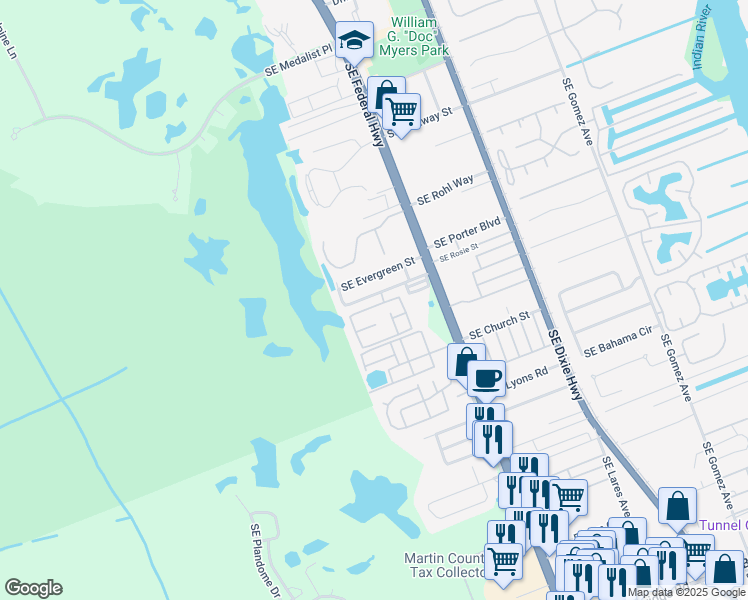 map of restaurants, bars, coffee shops, grocery stores, and more near 10819 Southeast Sea Pines Circle in Hobe Sound
