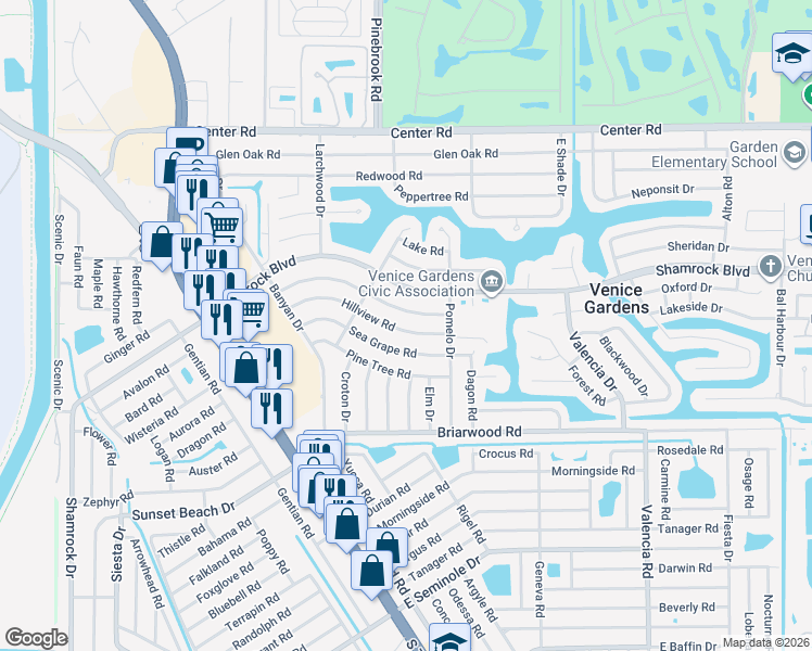 map of restaurants, bars, coffee shops, grocery stores, and more near 357 Hillview Road in Venice