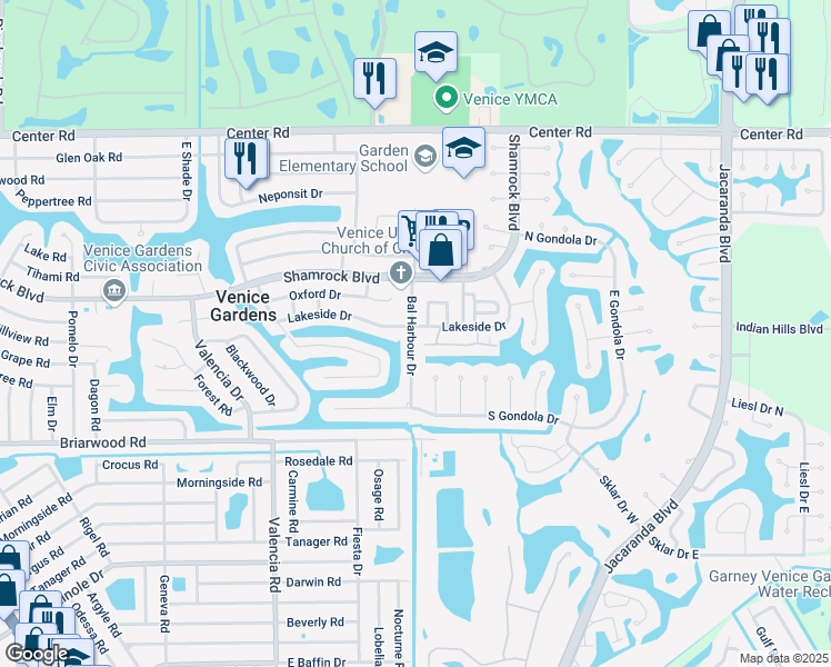 map of restaurants, bars, coffee shops, grocery stores, and more near 2111 Bal Harbour Drive in Venice