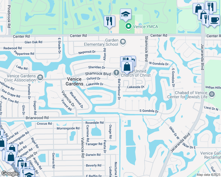 map of restaurants, bars, coffee shops, grocery stores, and more near 1440 Lakeside Drive in Venice