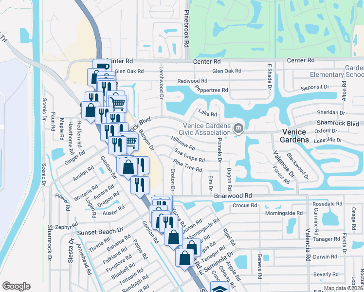 map of restaurants, bars, coffee shops, grocery stores, and more near 341 Sea Grape Road in Venice