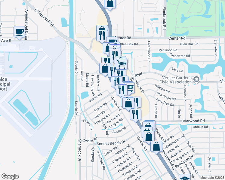map of restaurants, bars, coffee shops, grocery stores, and more near 2100 Gentian Road in Venice