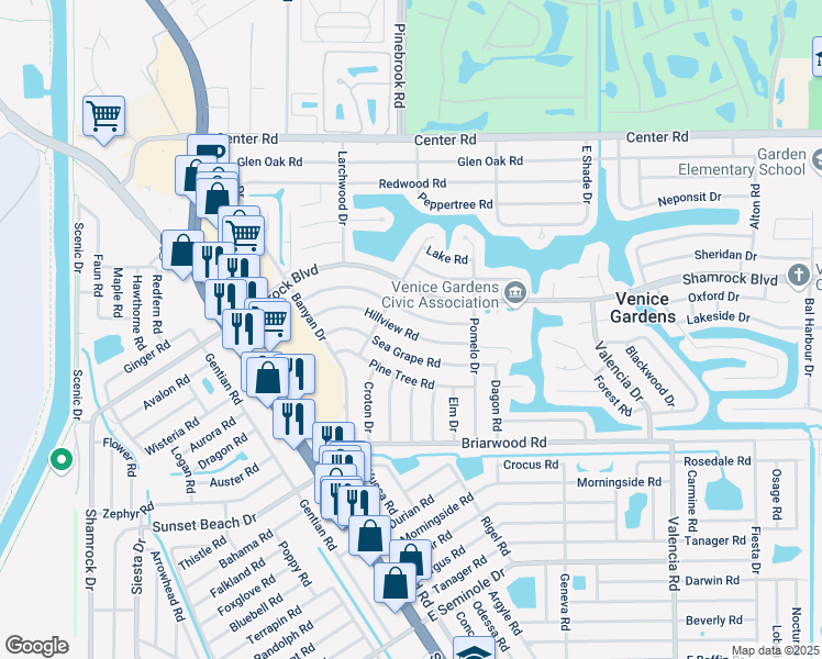 map of restaurants, bars, coffee shops, grocery stores, and more near 345 Hillview Road in Venice