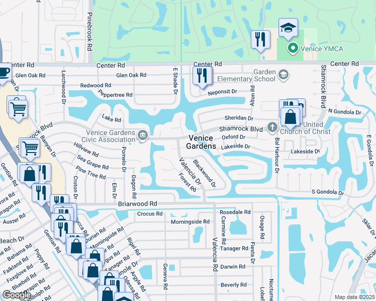 map of restaurants, bars, coffee shops, grocery stores, and more near 452 Hazelwood Road in Venice