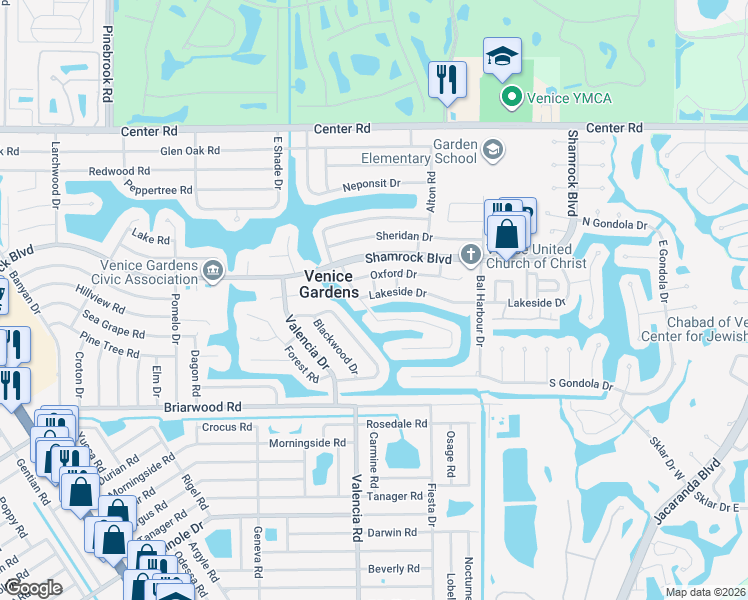map of restaurants, bars, coffee shops, grocery stores, and more near 1201 Cambridge Drive in Venice