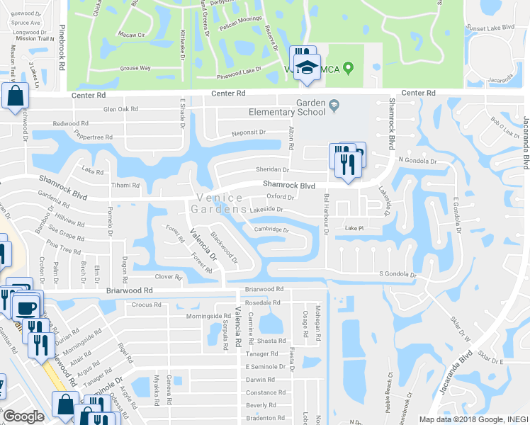 map of restaurants, bars, coffee shops, grocery stores, and more near 1201 Cambridge Drive in Venice