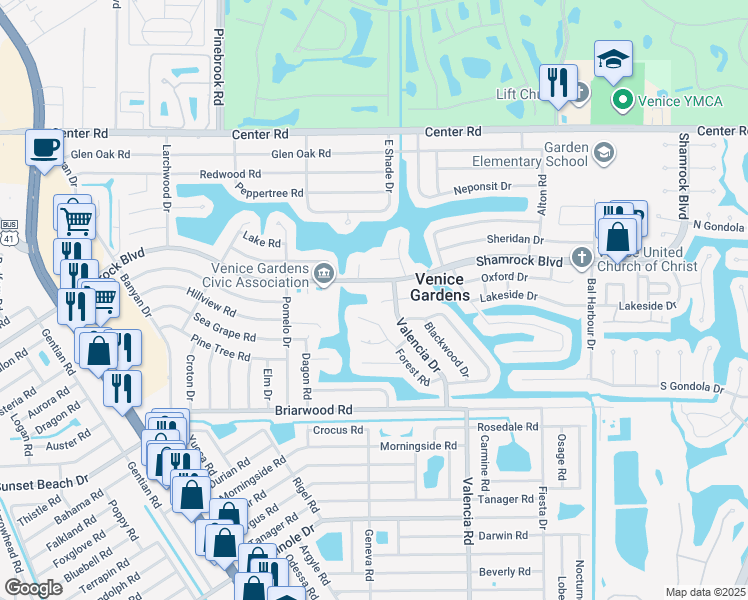map of restaurants, bars, coffee shops, grocery stores, and more near 427 Hazelwood Road in Venice