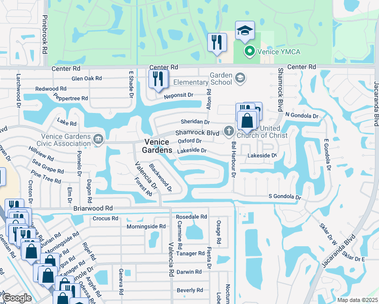 map of restaurants, bars, coffee shops, grocery stores, and more near 1290 Lakeside Drive in Venice