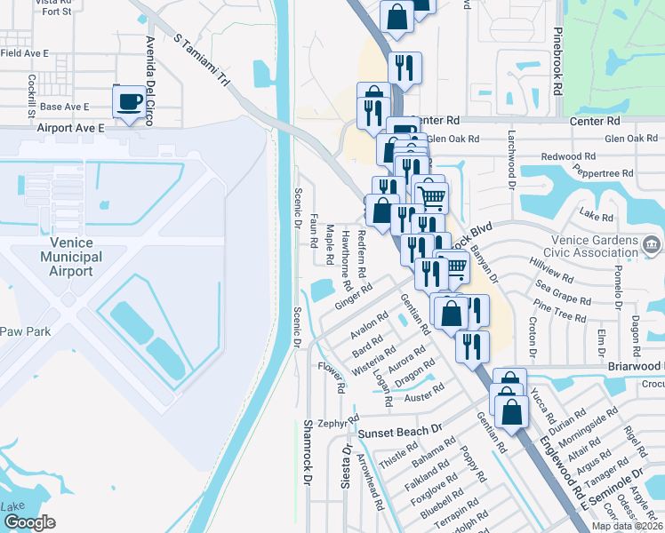 map of restaurants, bars, coffee shops, grocery stores, and more near 1901 Faun Road in Venice