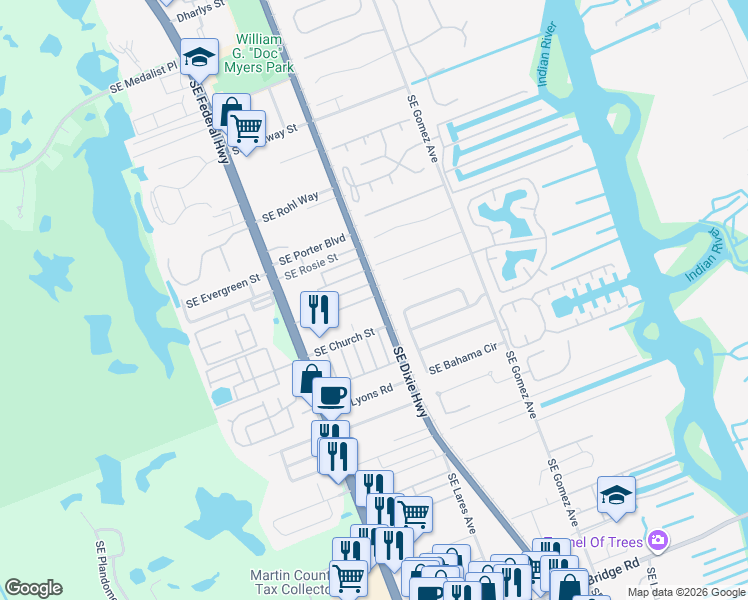 map of restaurants, bars, coffee shops, grocery stores, and more near 42 Southeast 2nd Street in Hobe Sound